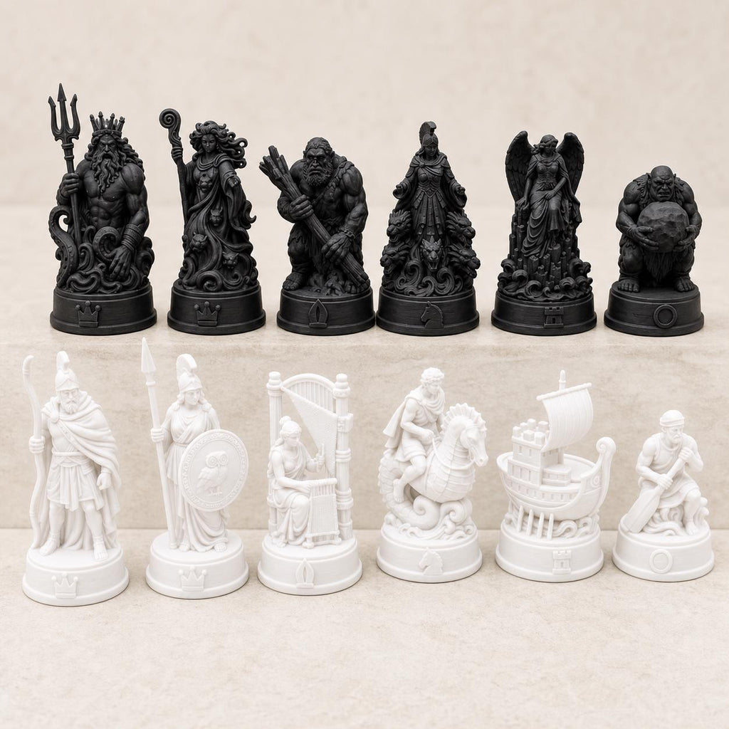 Odyssee-Schachfigurenset – komplettes 32-teiliges Mythologie-Schachset | Griechische Helden & Monster | 3D-Druck Made in Germany FehnFactory