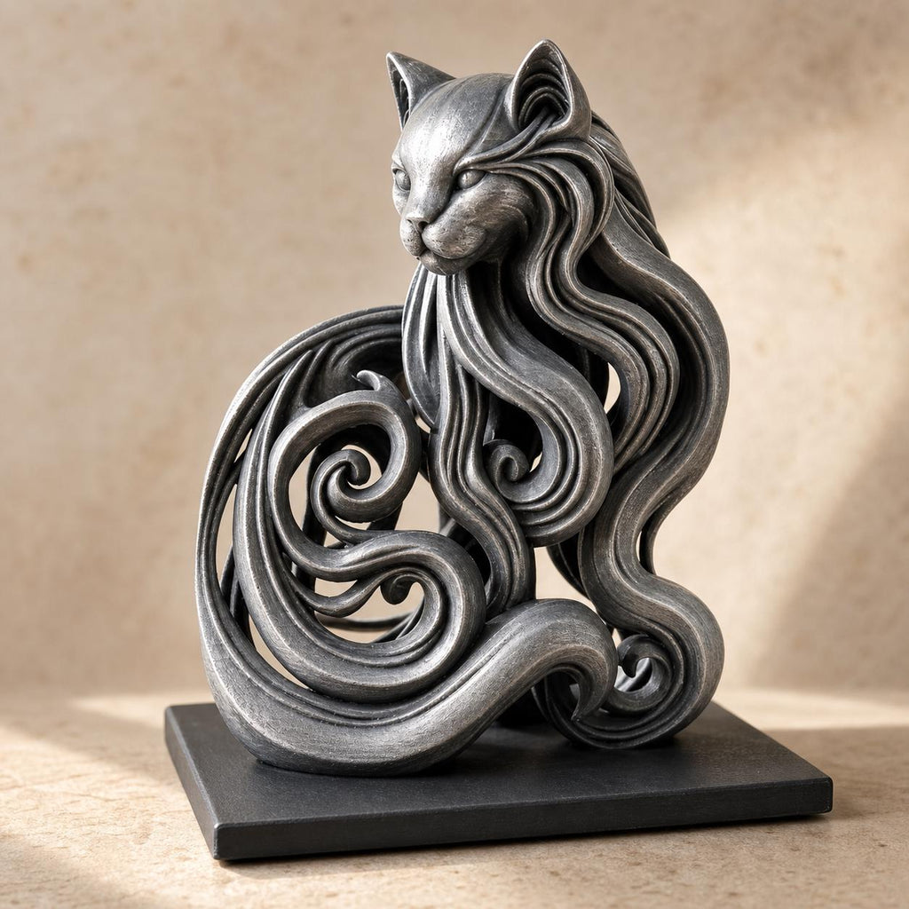 Mystic-Flow-Katzenskulptur – ornamentale Katzenstatue | Fließende Fantasy-Deko | 5 Größen, 7 Farben | 3D-Druck Made in Germany FehnFactory