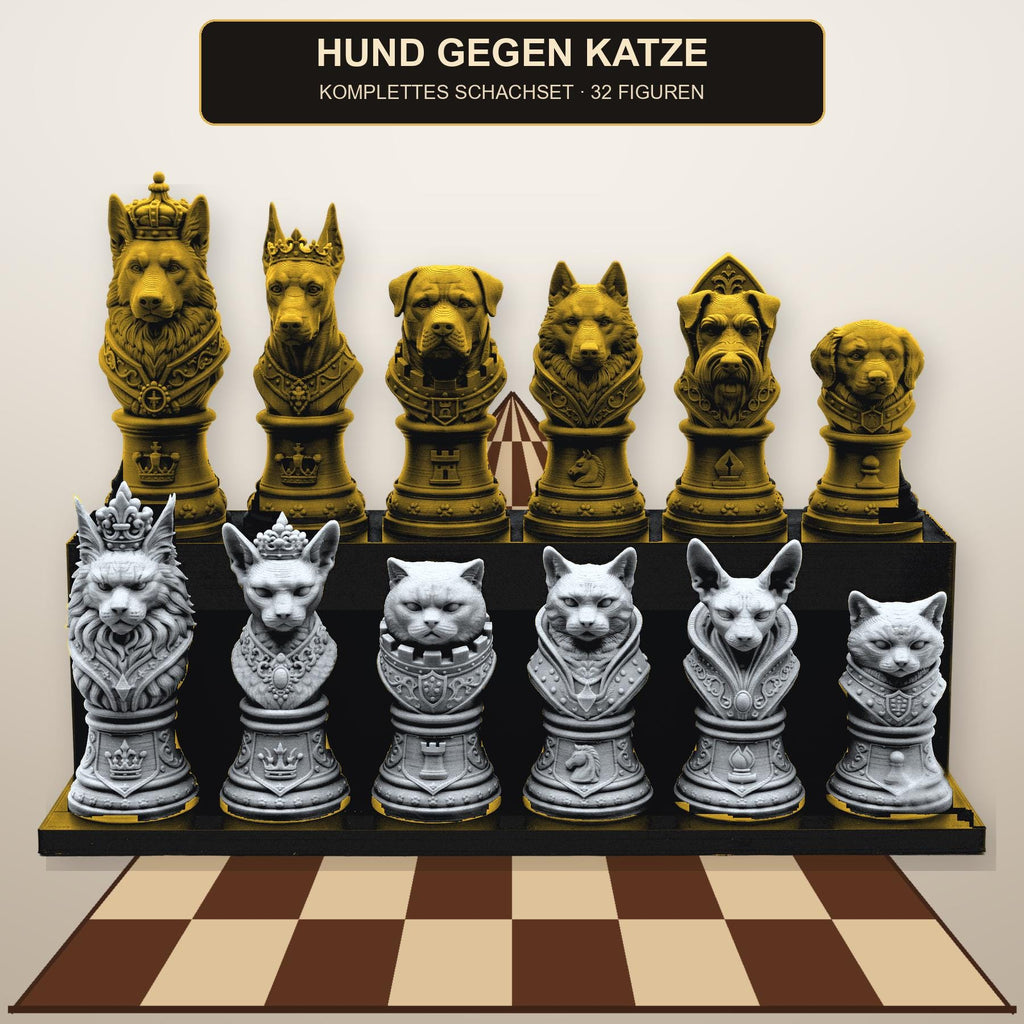 Hund-gegen-Katze-Schachfigurenset – komplettes 32-teiliges Tier-Schachset | Geschenk für Tierfreunde | Made in Germany FehnFactory