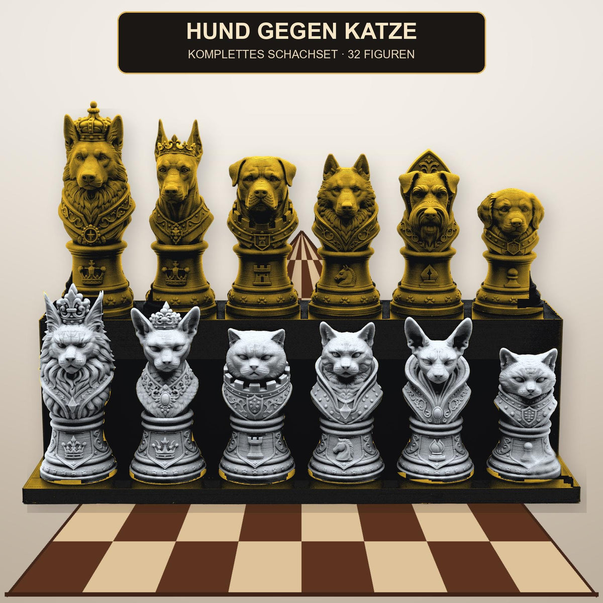 Hund-gegen-Katze-Schachfigurenset – komplettes 32-teiliges Tier-Schachset | Geschenk für Tierfreunde | Made in Germany FehnFactory