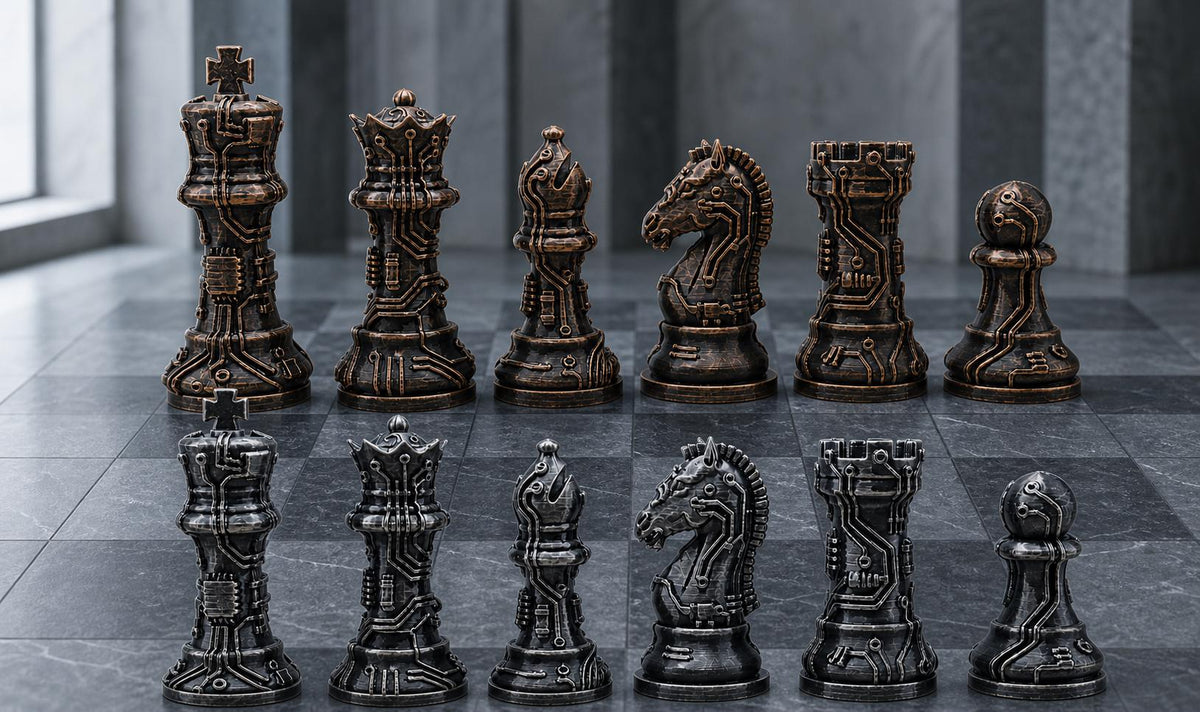 Leiterplatten-Schachfigurenset – komplett 32-teilig | Technik-Staunton-Schach | 2 Größen & 13 Farbpaare | Made in Germany FehnFactory