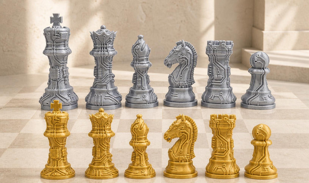 Leiterplatten-Schachfigurenset – komplett 32-teilig | Technik-Staunton-Schach | 2 Größen & 13 Farbpaare | Made in Germany FehnFactory