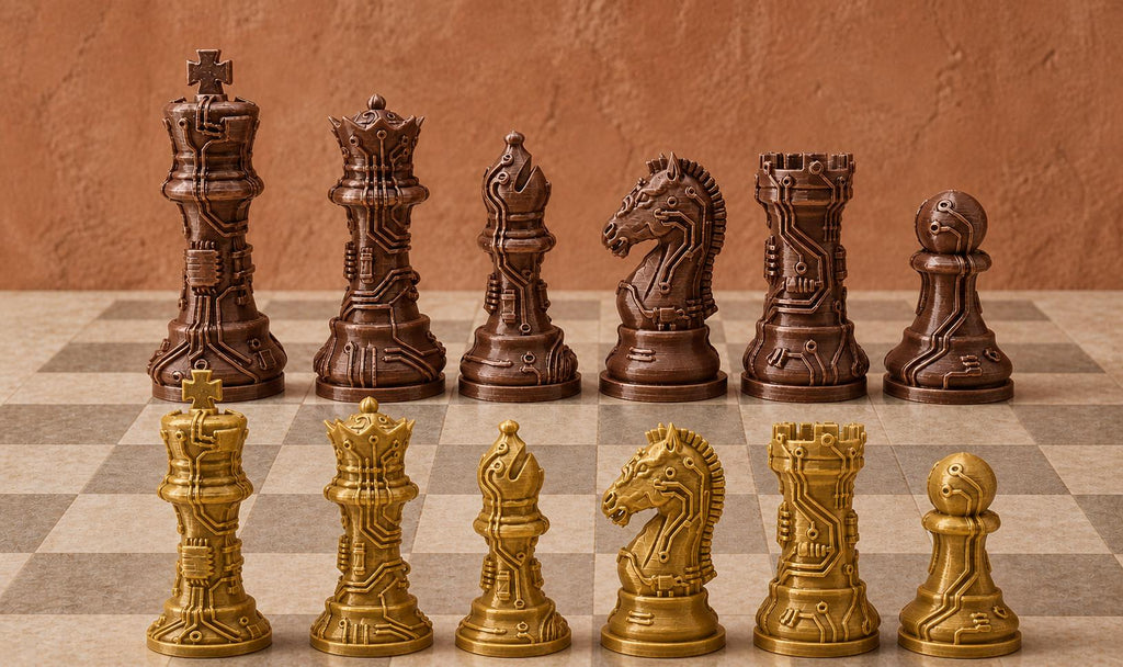 Leiterplatten-Schachfigurenset – komplett 32-teilig | Technik-Staunton-Schach | 2 Größen & 13 Farbpaare | Made in Germany FehnFactory