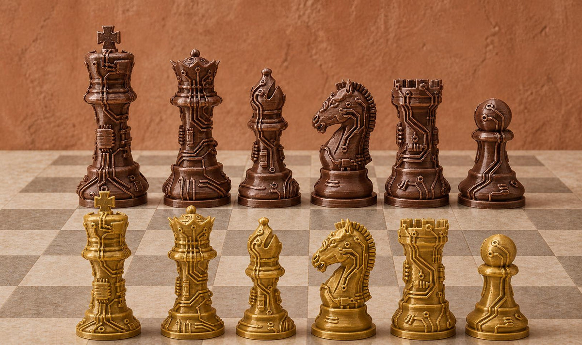 Leiterplatten-Schachfigurenset – komplett 32-teilig | Technik-Staunton-Schach | 2 Größen & 13 Farbpaare | Made in Germany FehnFactory