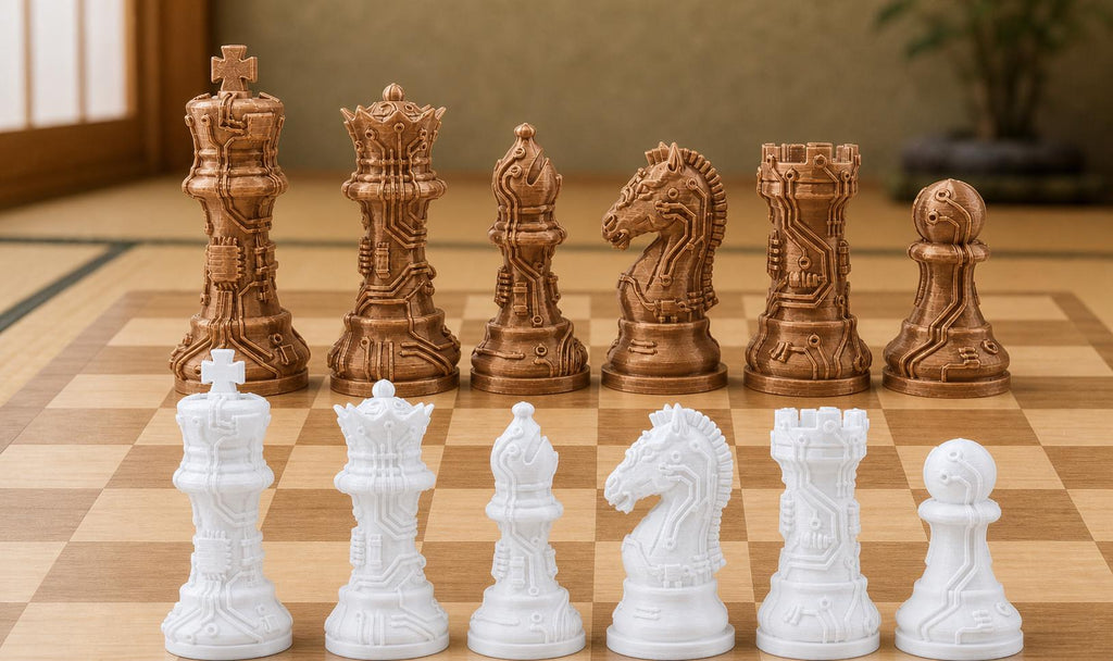 Leiterplatten-Schachfigurenset – komplett 32-teilig | Technik-Staunton-Schach | 2 Größen & 13 Farbpaare | Made in Germany FehnFactory