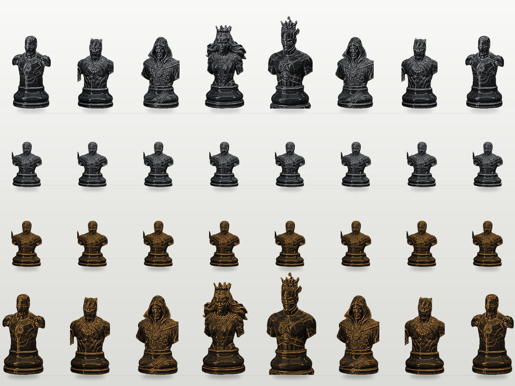 Superhelden-Büsten-Schachfigurenset – komplett 32-teilig | Fantasy-Helden | 3 Größen & 12 Farbpaare