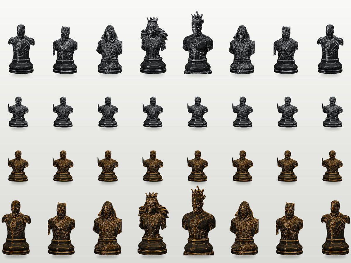 Superhelden-Büsten-Schachfigurenset – komplett 32-teilig | Fantasy-Helden | 3 Größen & 12 Farbpaare