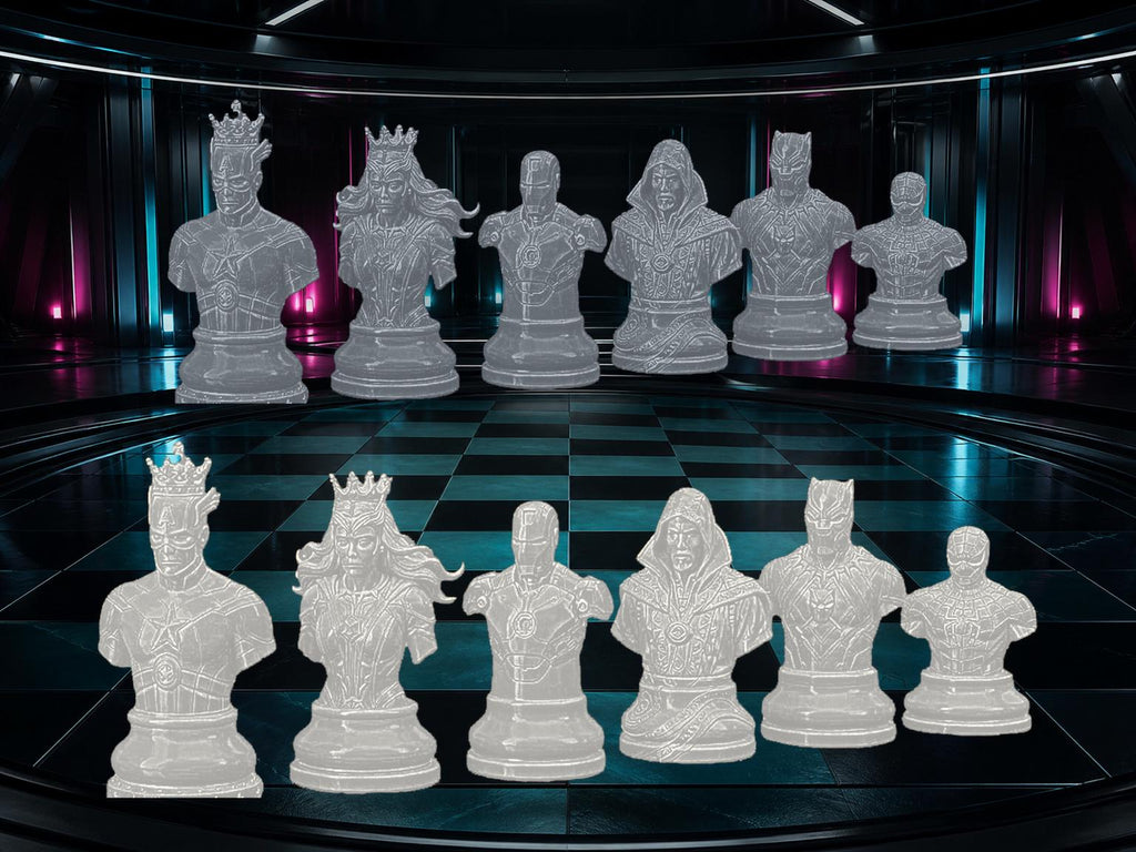 Superhelden-Büsten-Schachfigurenset – komplett 32-teilig | Fantasy-Helden | 3 Größen & 12 Farbpaare