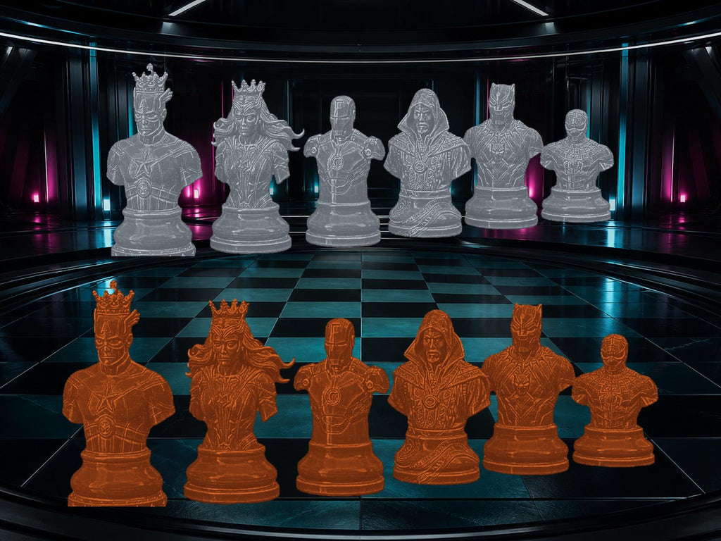 Superhelden-Büsten-Schachfigurenset – komplett 32-teilig | Fantasy-Helden | 3 Größen & 12 Farbpaare
