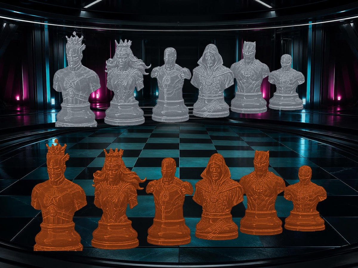 Superhelden-Büsten-Schachfigurenset – komplett 32-teilig | Fantasy-Helden | 3 Größen & 12 Farbpaare