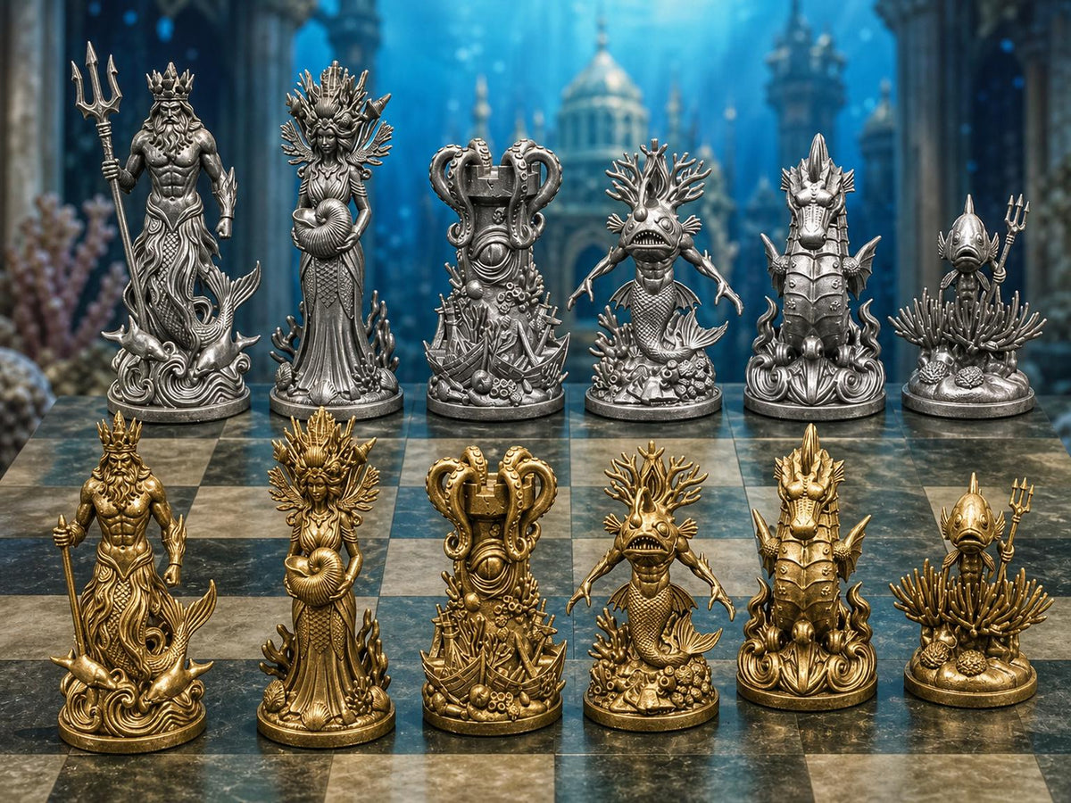 Ozeanreich-Schachfigurenset – komplett 32-teilig | Unterwasser-Fantasy | 3 Größen & 12 Farbpaare
