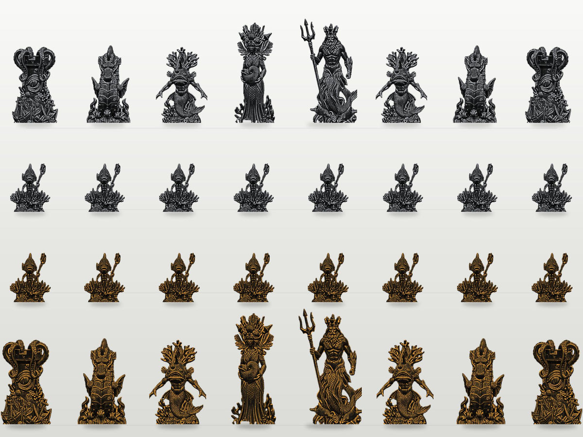Ozeanreich-Schachfigurenset – komplett 32-teilig | Unterwasser-Fantasy | 3 Größen & 12 Farbpaare