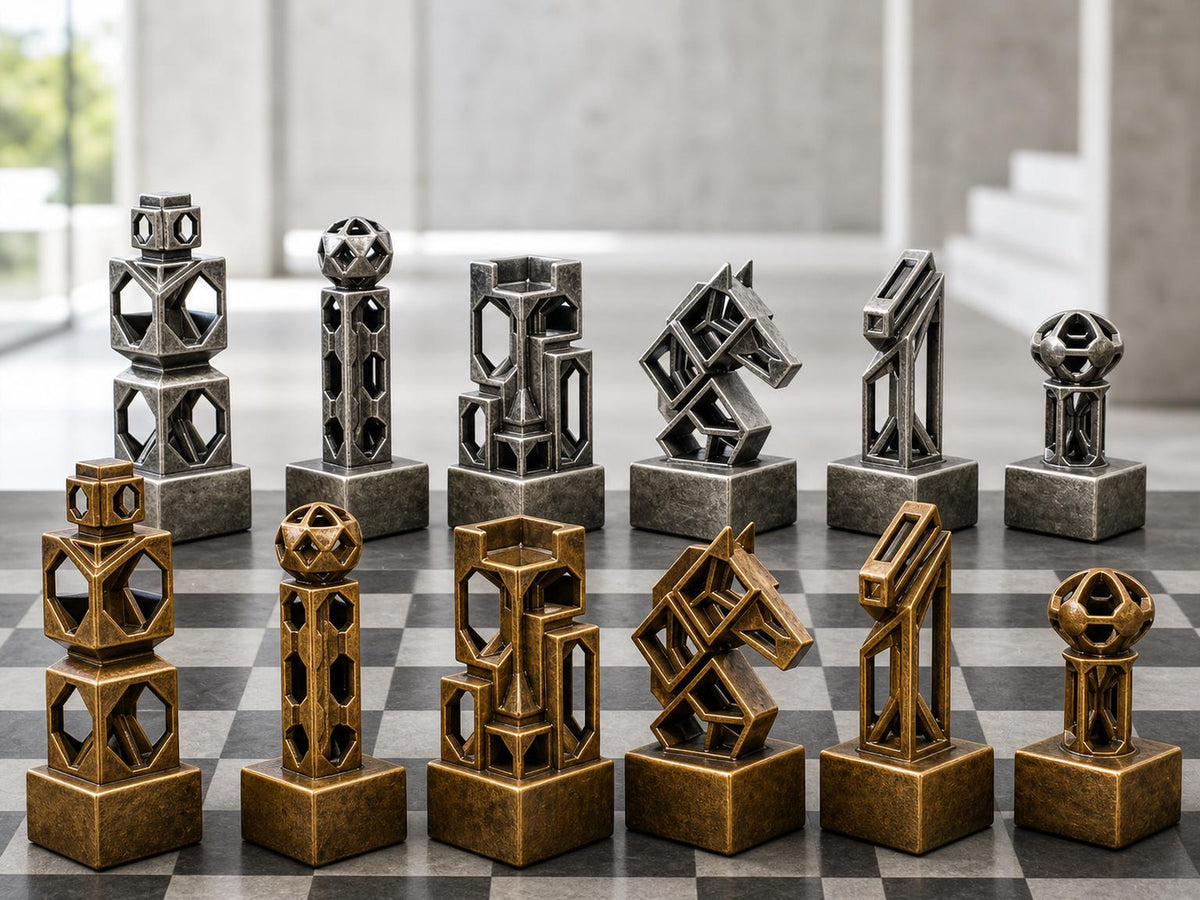 Geometrisches Gitter-Schachfigurenset – komplett 32-teilig | Modernes Schach | 3 Größen & 12 Farbpaare