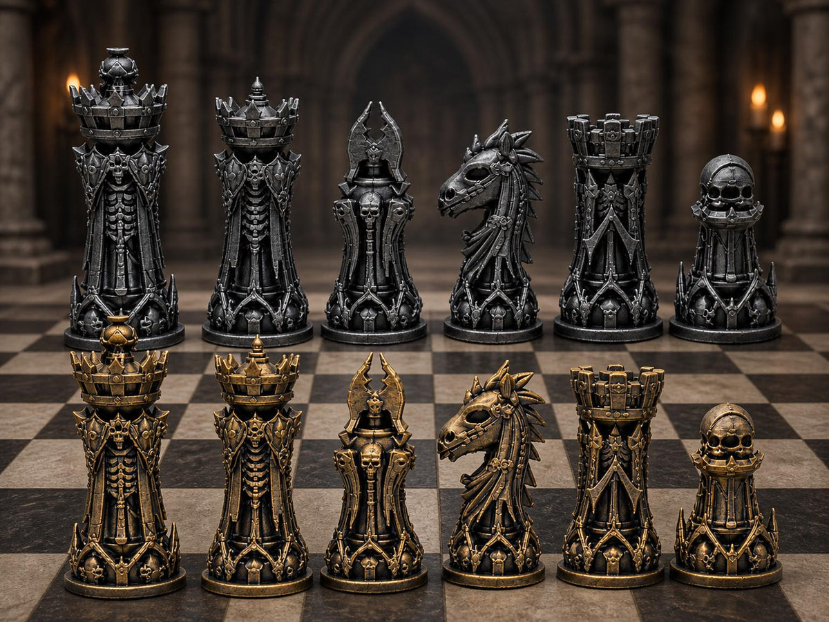 Nekromanten-Schachfigurenset – komplett 32-teilig | Gotisches Staunton-Schach | 3 Größen & 12 Farbpaare | Made in Germany