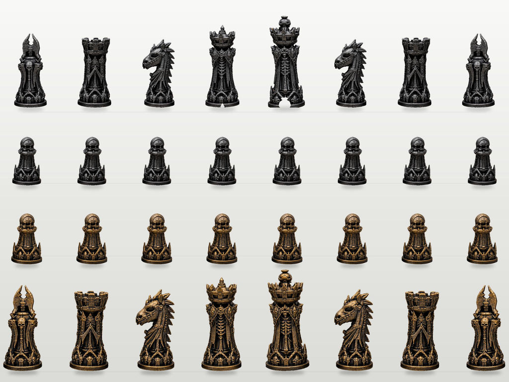 Nekromanten-Schachfigurenset – komplett 32-teilig | Gotisches Staunton-Schach | 3 Größen & 12 Farbpaare | Made in Germany