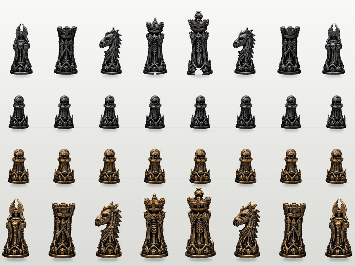 Nekromanten-Schachfigurenset – komplett 32-teilig | Gotisches Staunton-Schach | 3 Größen & 12 Farbpaare | Made in Germany