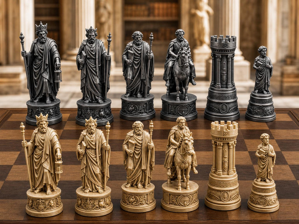 Philosophen-Schachfigurenset – komplett 32-teilig | Antikes Griechenland | 3 Größen & 12 Farbpaare | Made in Germany