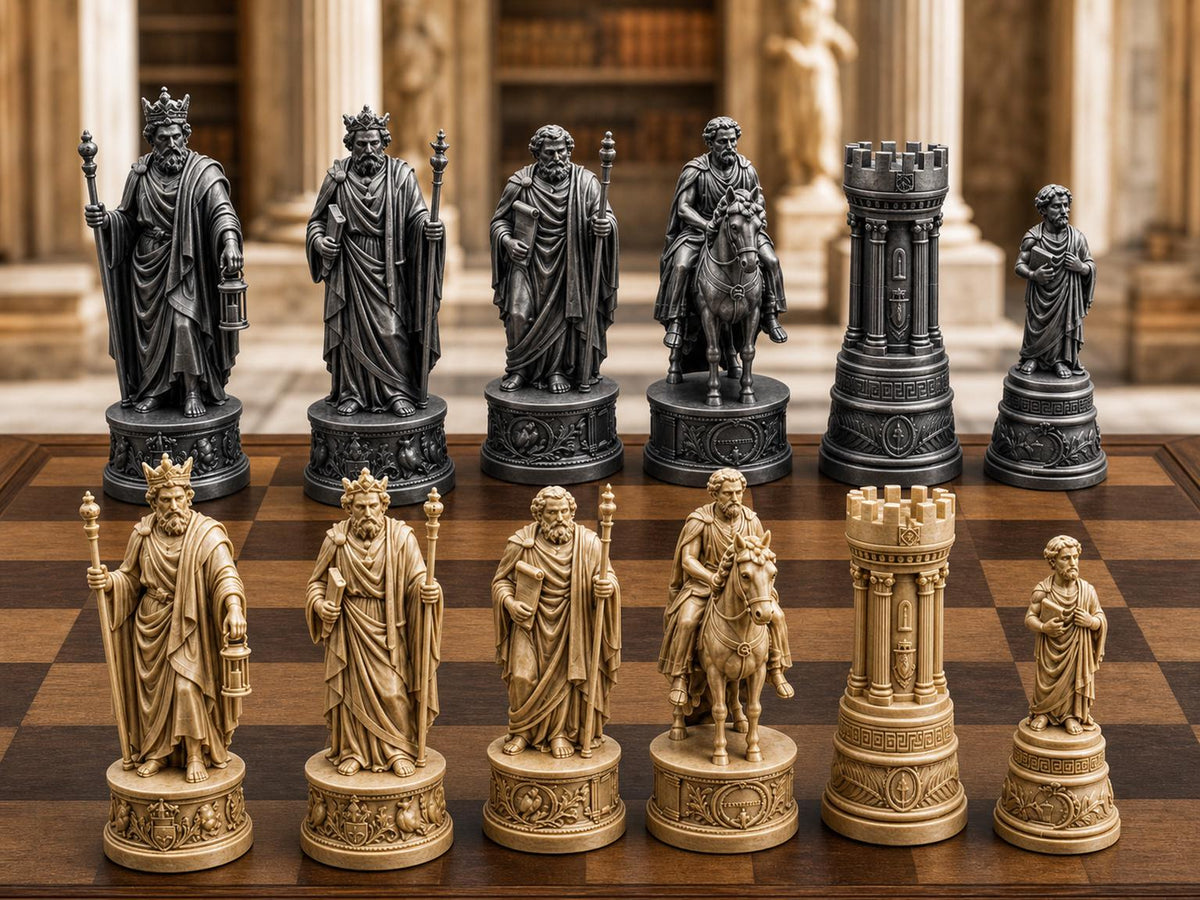 Philosophen-Schachfigurenset – komplett 32-teilig | Antikes Griechenland | 3 Größen & 12 Farbpaare | Made in Germany