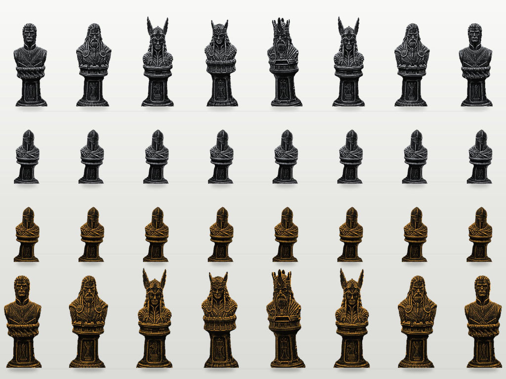 Mythisches Krieger-Schachfigurenset – komplett 32-teilig | Fantasy-Schach | 3 Größen & 12 Farbpaare | Made in Germany