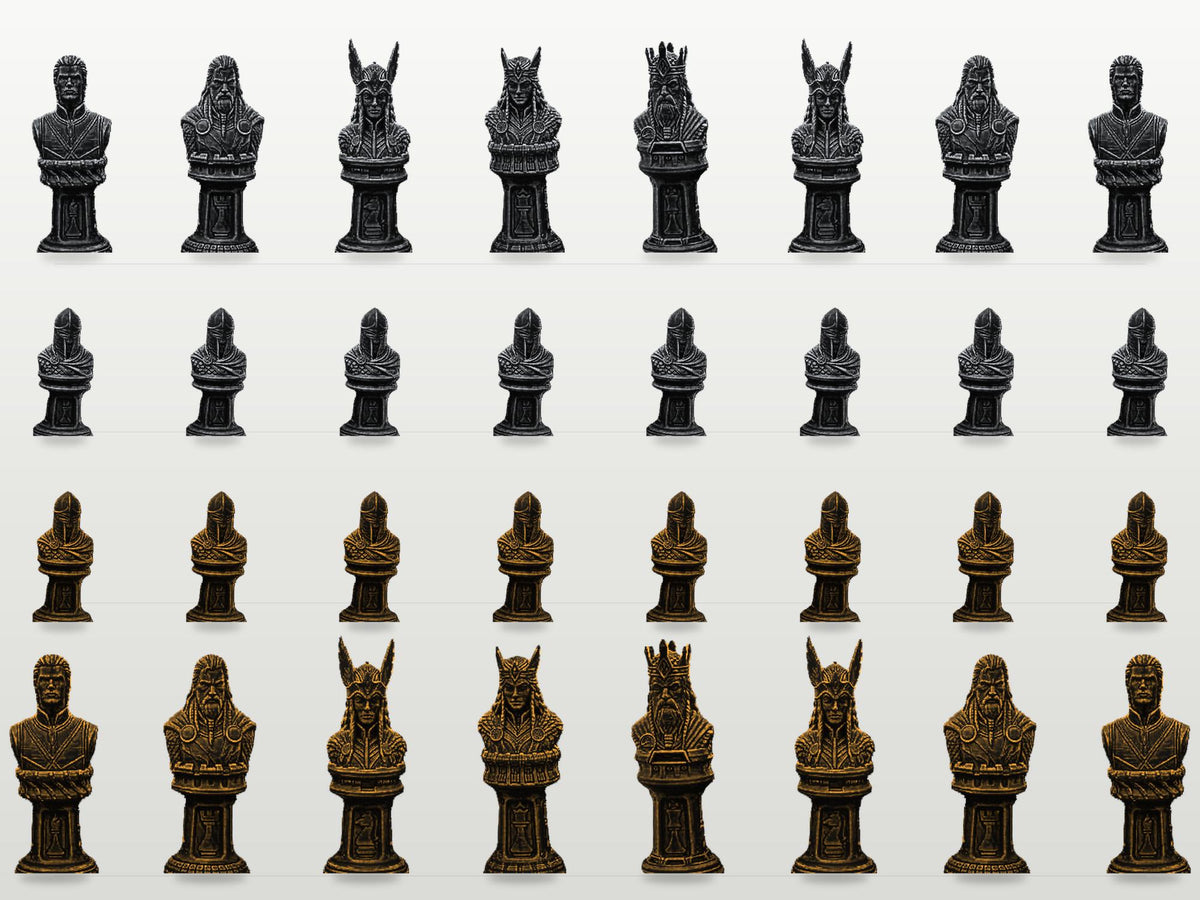 Mythisches Krieger-Schachfigurenset – komplett 32-teilig | Fantasy-Schach | 3 Größen & 12 Farbpaare | Made in Germany