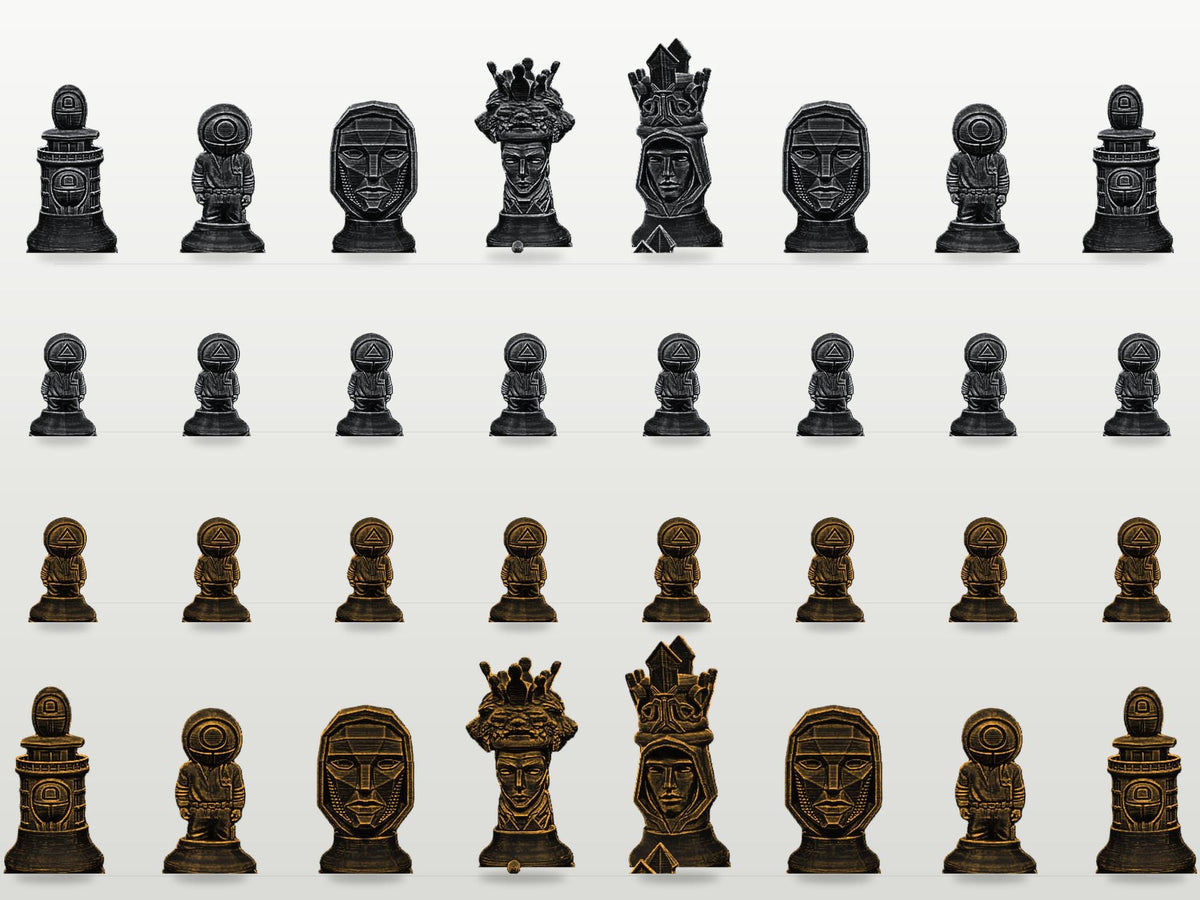 Symbolisches Arena-Schachfigurenset – komplett 32-teilig | Masken und Zeichen | 3 Größen & 12 Farbpaare