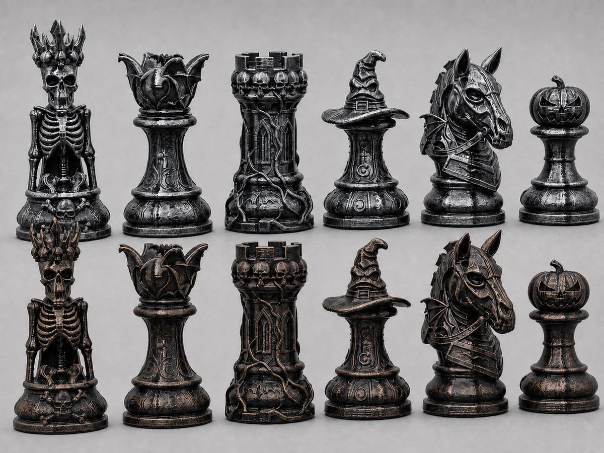 Halloween-Dark-Fantasy-Schachfigurenset – komplettes 32-teiliges Schachset | Gothic Horror | Made in Germany