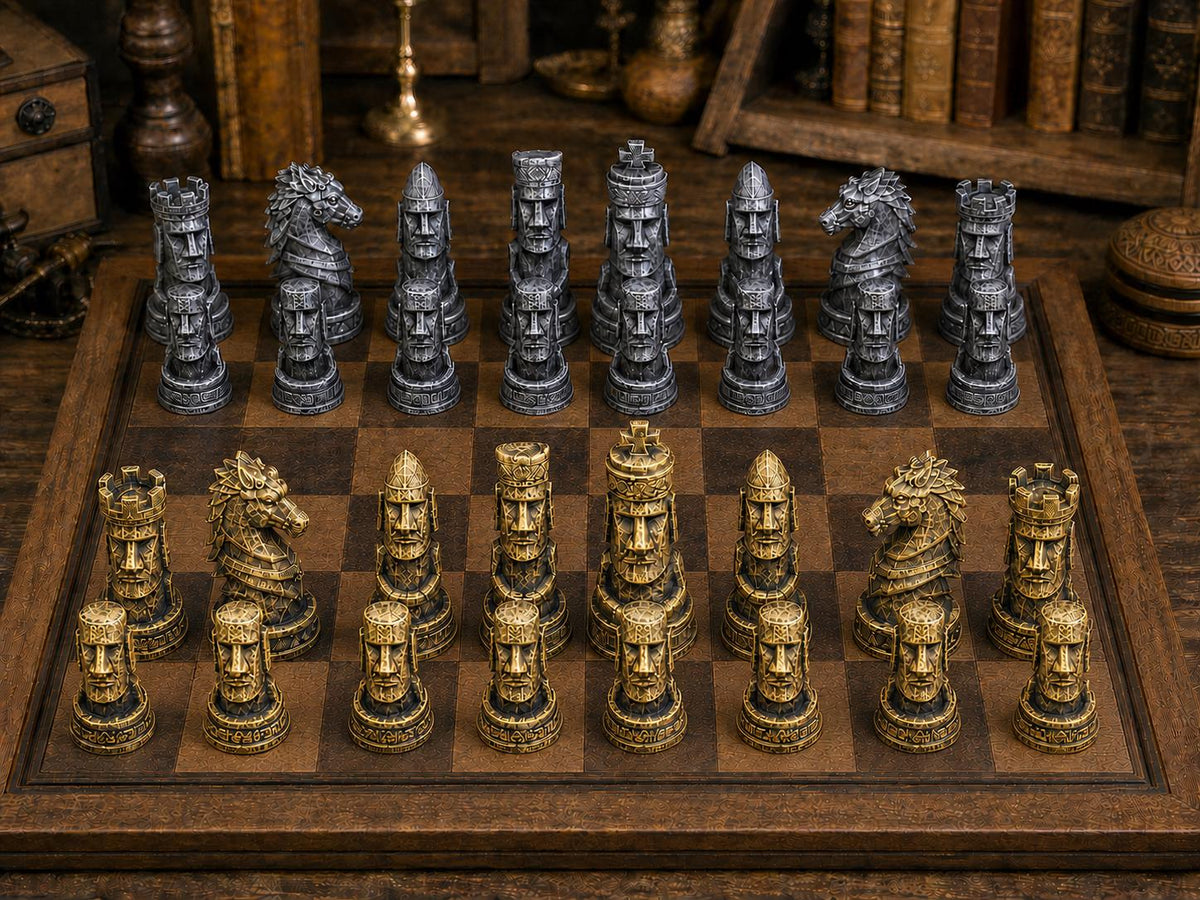 Rapa-Nui-Moai – komplettes 32-teiliges Schachfigurenset | Kulturhistorisches Motiv | Made in Germany
