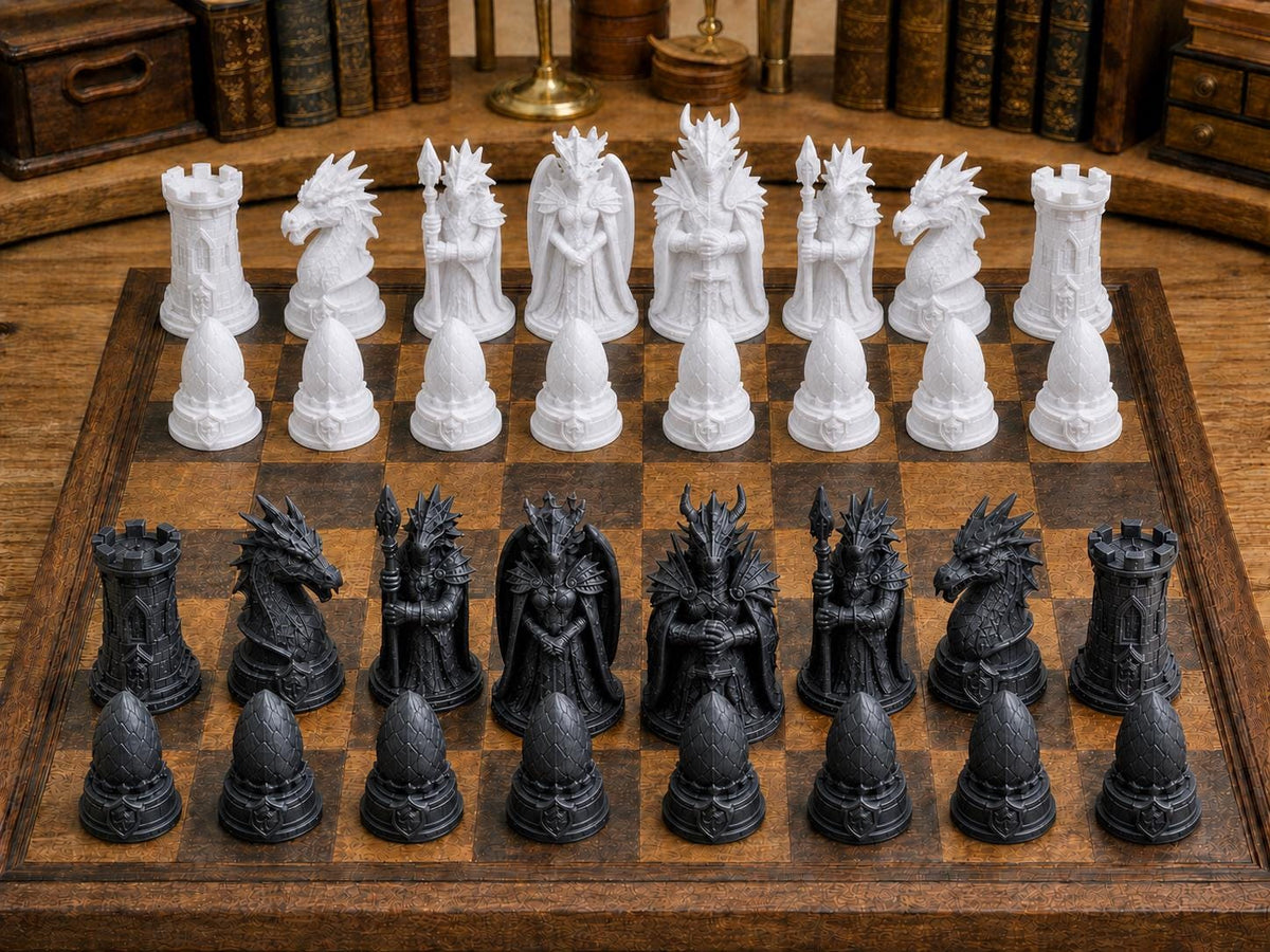 Drachenkönigreich – komplettes 32-teiliges Schachfigurenset | Fantasy-Design | Made in Germany