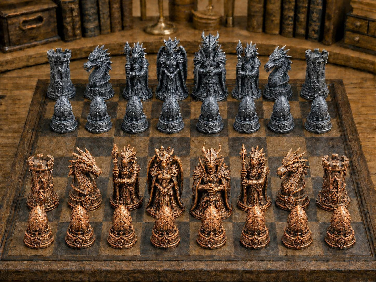 Drachenkönigreich – komplettes 32-teiliges Schachfigurenset | Fantasy-Design | Made in Germany