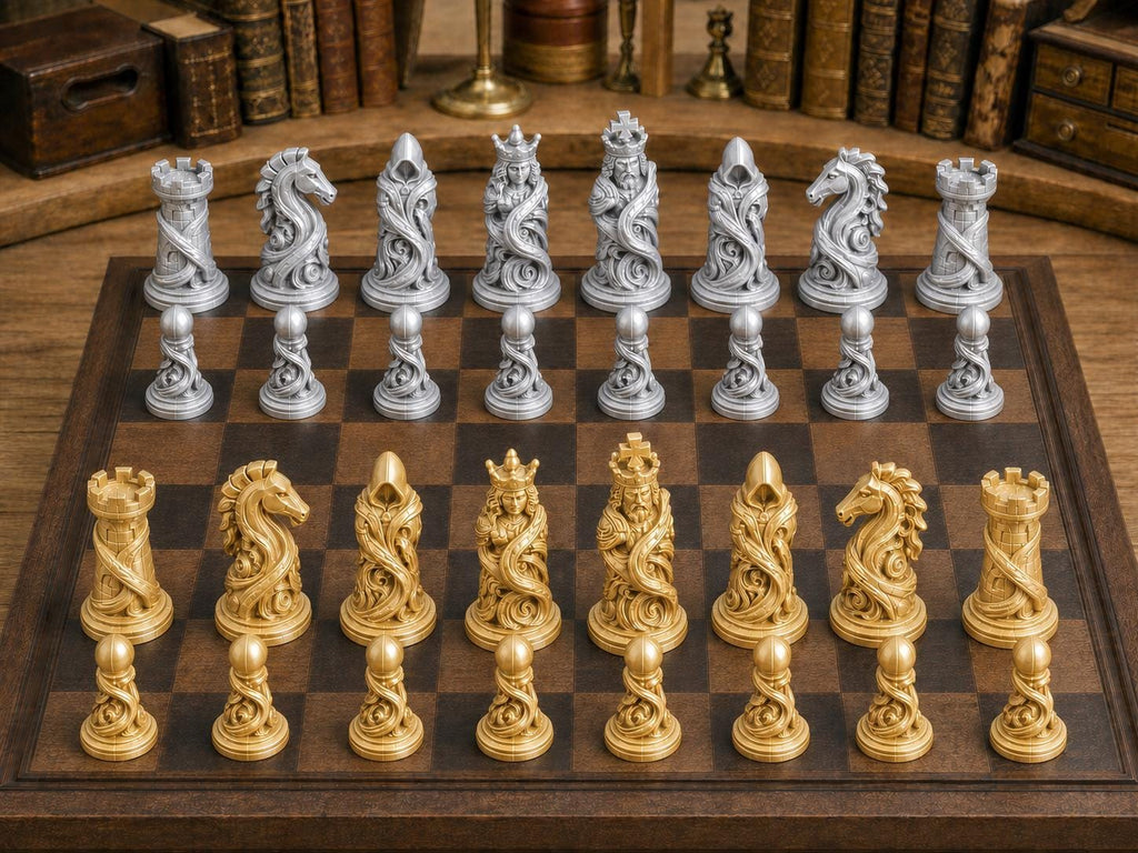 Verzauberte Bänder – komplettes 32-teiliges Schachfigurenset | Fantasy-Design | Made in Germany
