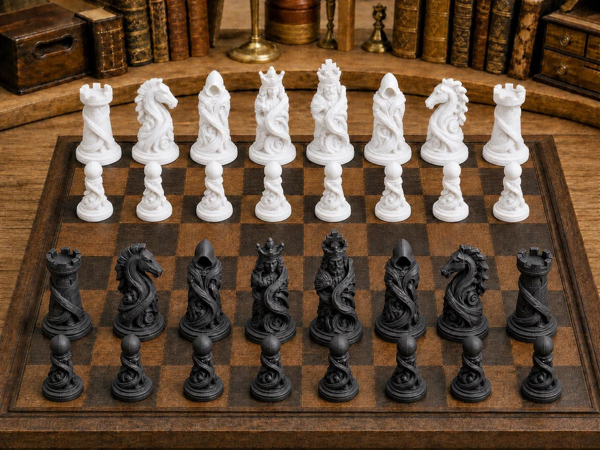 Verzauberte Bänder – komplettes 32-teiliges Schachfigurenset | Fantasy-Design | Made in Germany