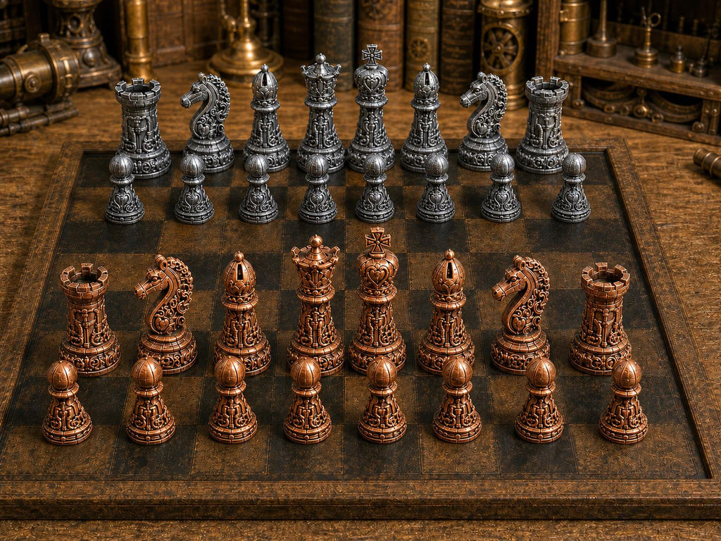 Opulenter Steampunk – komplettes 32-teiliges Schachfigurenset | Steampunk-Design | Made in Germany