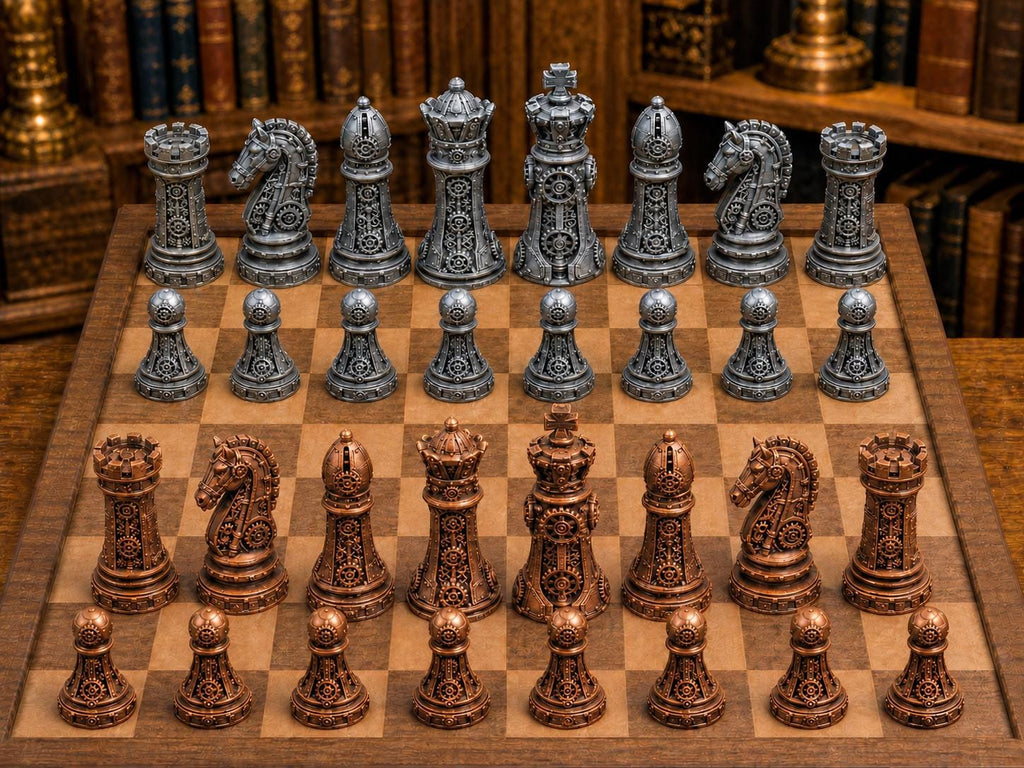 Monumentaler Steampunk – komplettes 32-teiliges Schachfigurenset | Steampunk-Design | Made in Germany