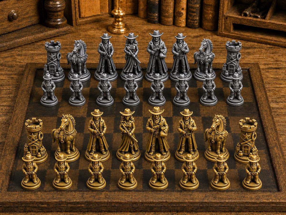 Legenden des Wilden Westens – komplettes 32-teiliges Schachfigurenset | Historisches Design | Made in Germany