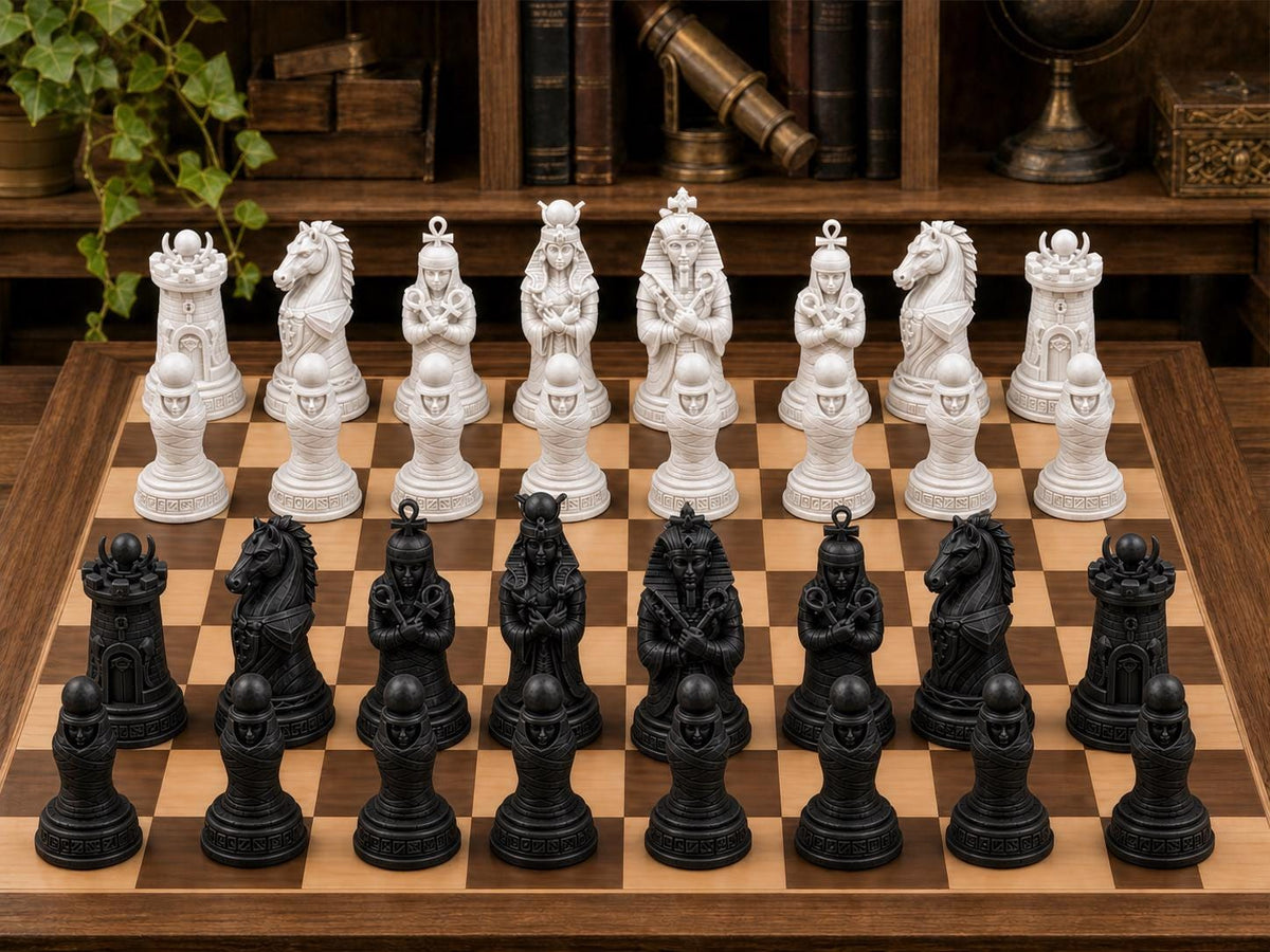 Ägyptische Mumien – komplettes 32-teiliges Schachfigurenset | Historisches Design | Made in Germany