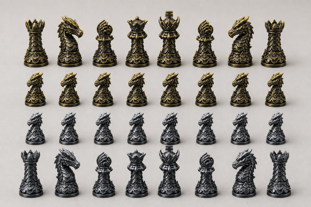 Drachen-Staunton-Schachfigurenset – komplettes 32-teiliges, 3D-gedrucktes PLA-Schachset | Geschenk für Schachfans | Made in Germany FehnFactory
