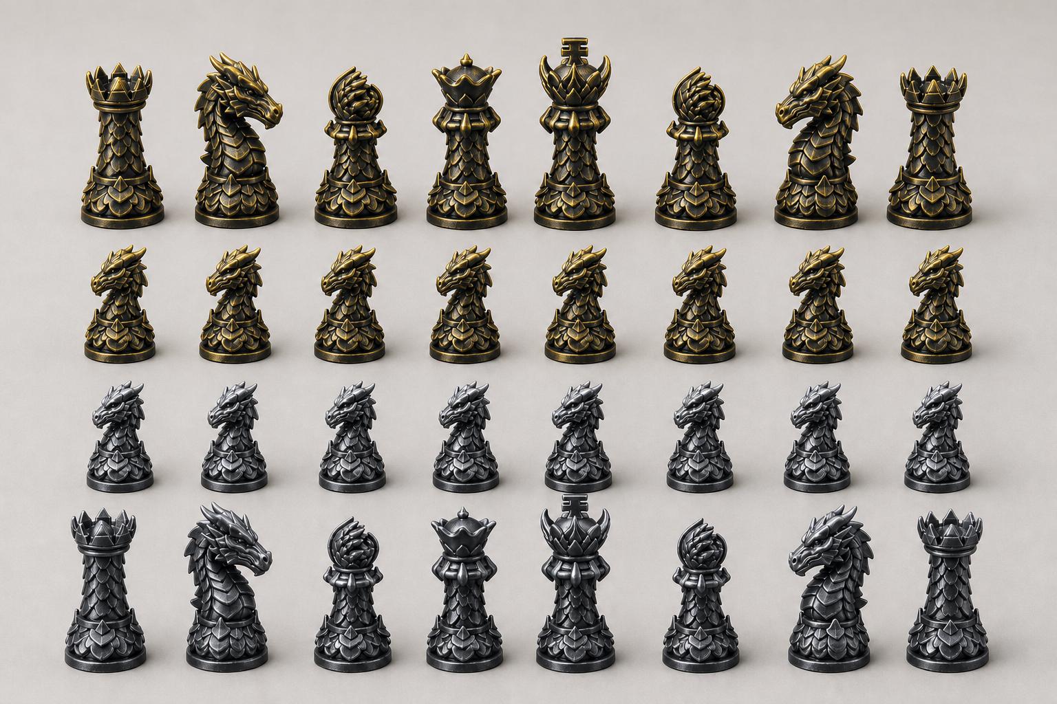 Drachen-Staunton-Schachfigurenset – komplettes 32-teiliges, 3D-gedrucktes PLA-Schachset | Geschenk für Schachfans | Made in Germany FehnFactory