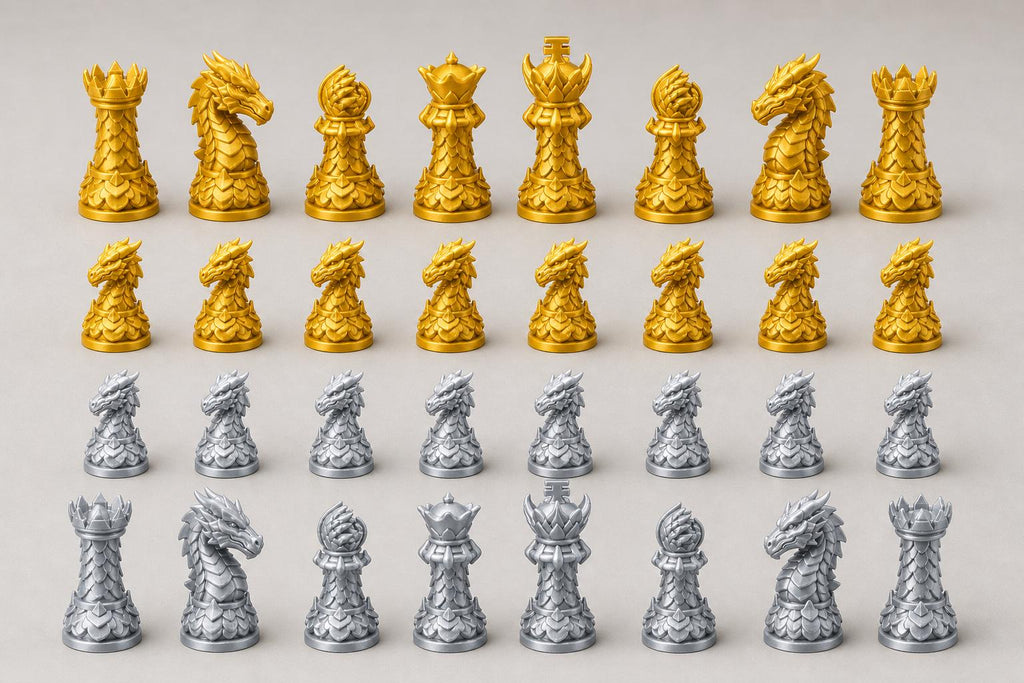 Drachen-Staunton-Schachfigurenset – komplettes 32-teiliges, 3D-gedrucktes PLA-Schachset | Geschenk für Schachfans | Made in Germany FehnFactory