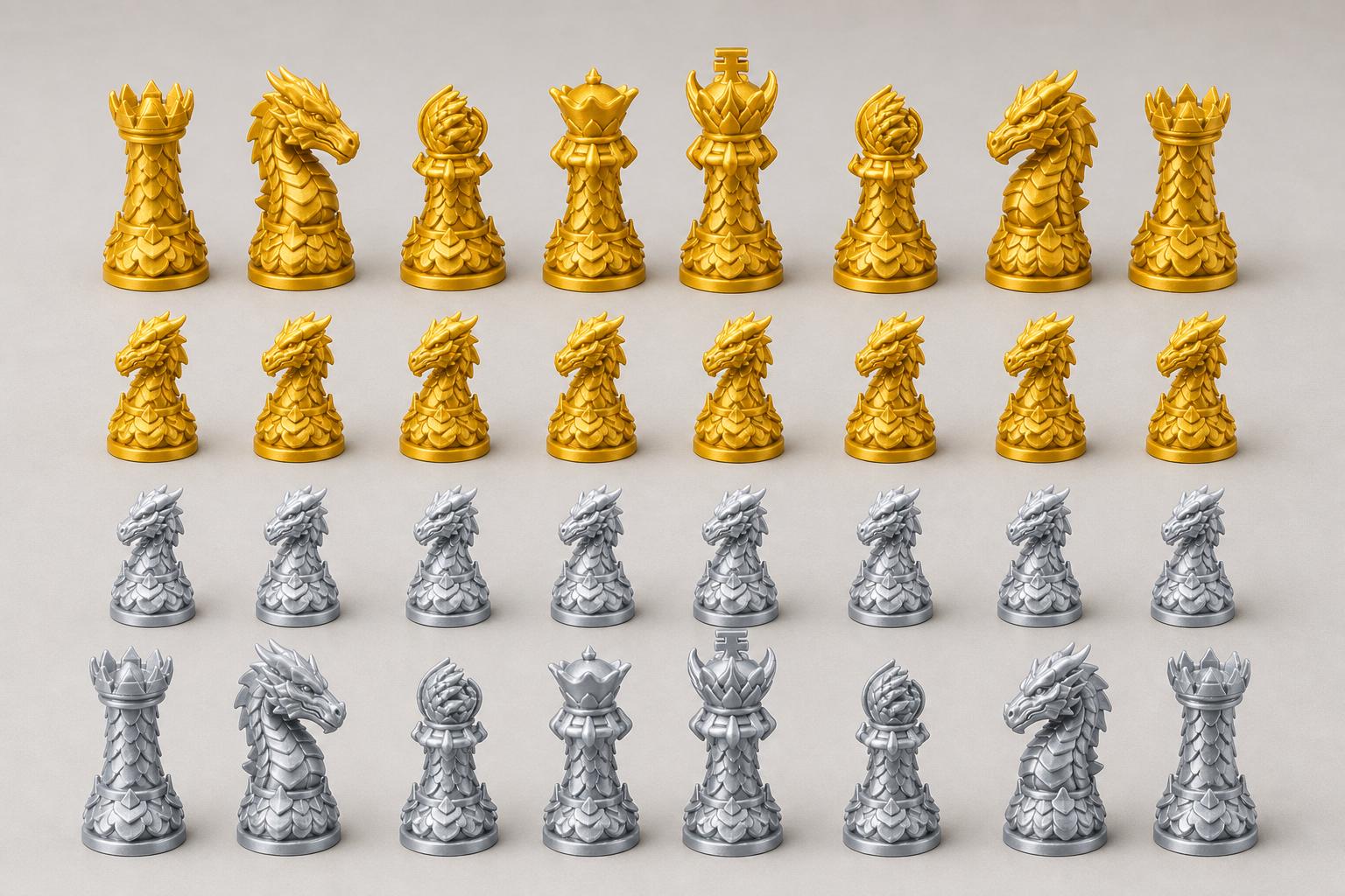 Drachen-Staunton-Schachfigurenset – komplettes 32-teiliges, 3D-gedrucktes PLA-Schachset | Geschenk für Schachfans | Made in Germany FehnFactory