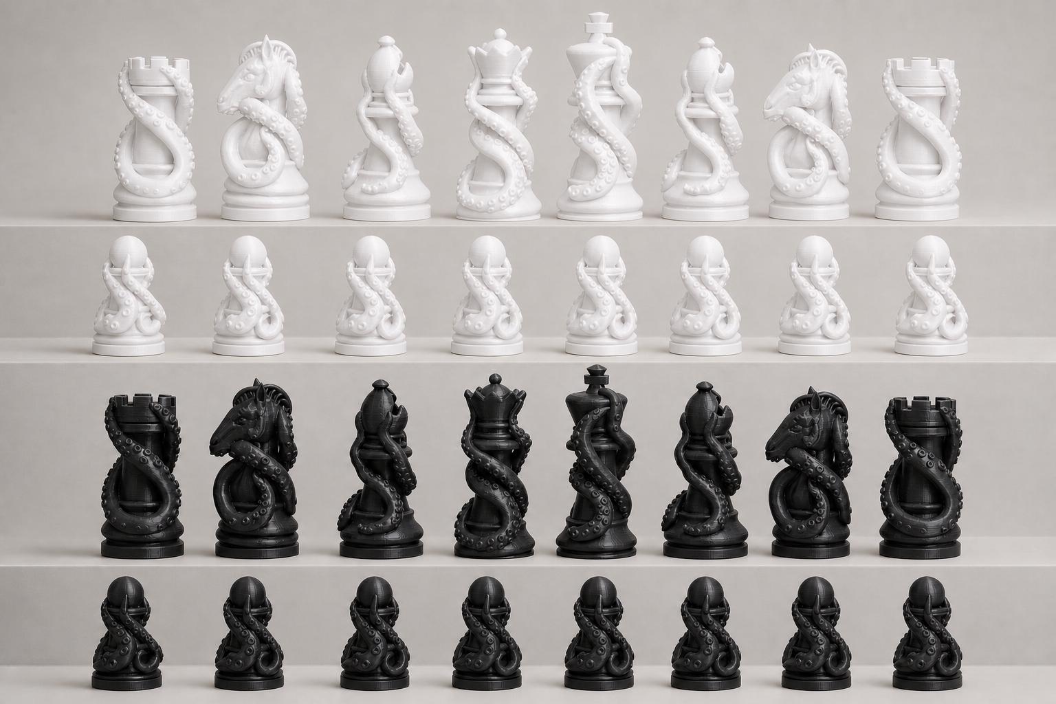 Tentakel-Schachfigurenset – komplettes 32-teiliges, 3D-gedrucktes PLA-Schachset | Geschenk für Schachfans | Sammlerstück | Made in Germany FehnFactory