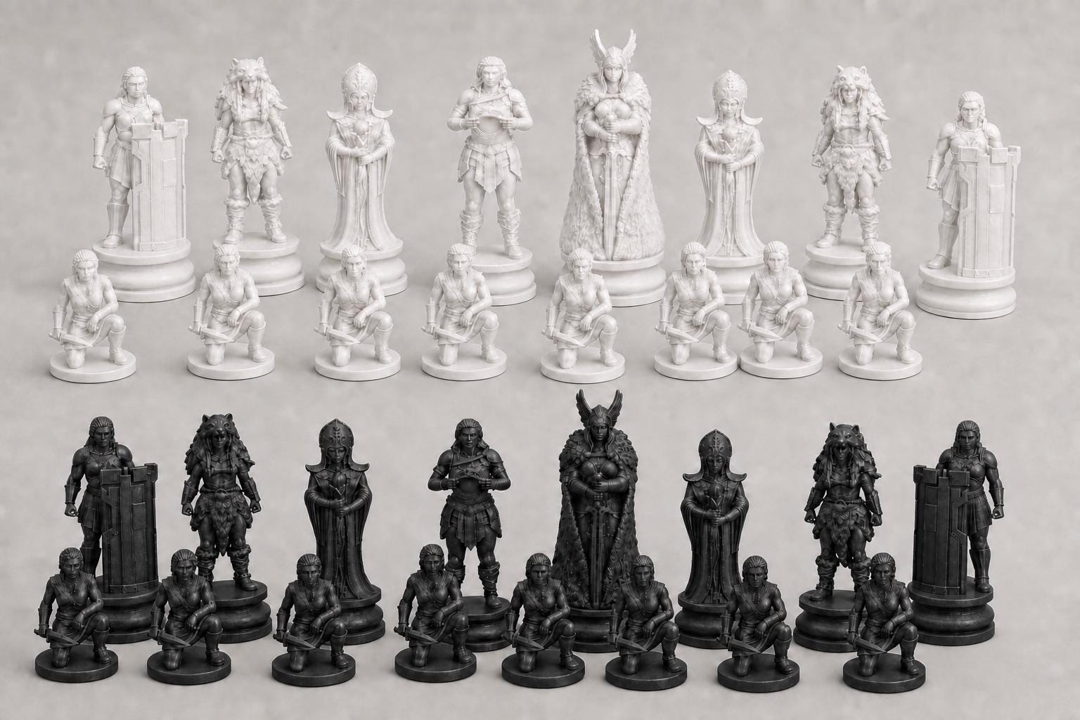 Wikingerinnen-Schachfigurenset – komplettes 32-teiliges, 3D-gedrucktes PLA-Schachset | Geschenk für Schachfans | Made in Germany FehnFactory