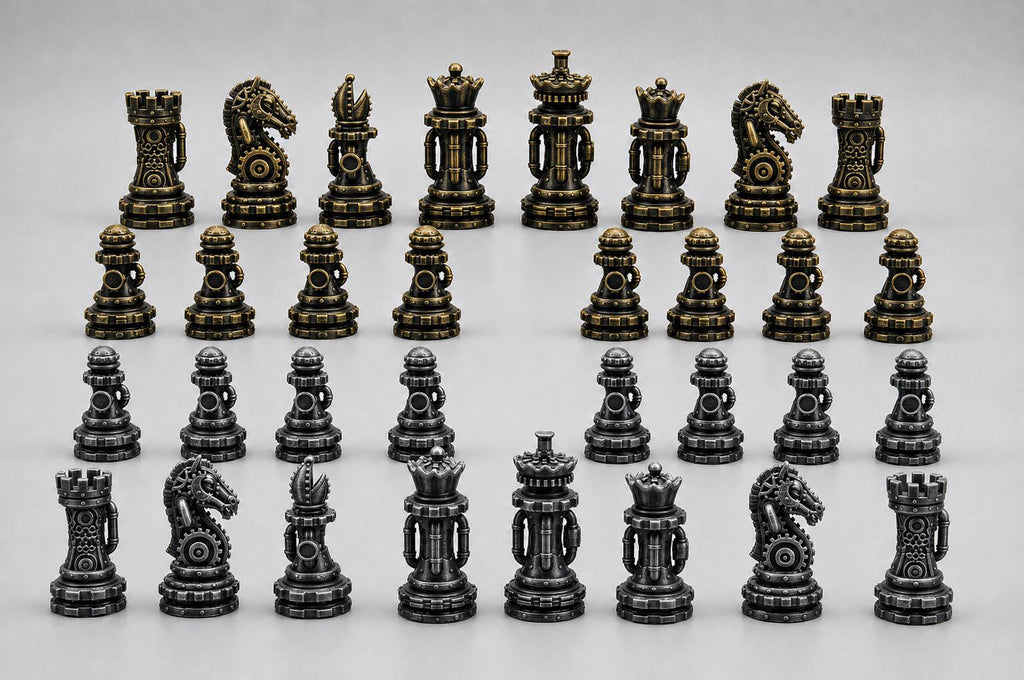Steampunk-Staunton-Schachfigurenset – komplettes 32-teiliges, 3D-gedrucktes PLA-Schachset | Geschenk für Schachfans | Made in Germany FehnFactory