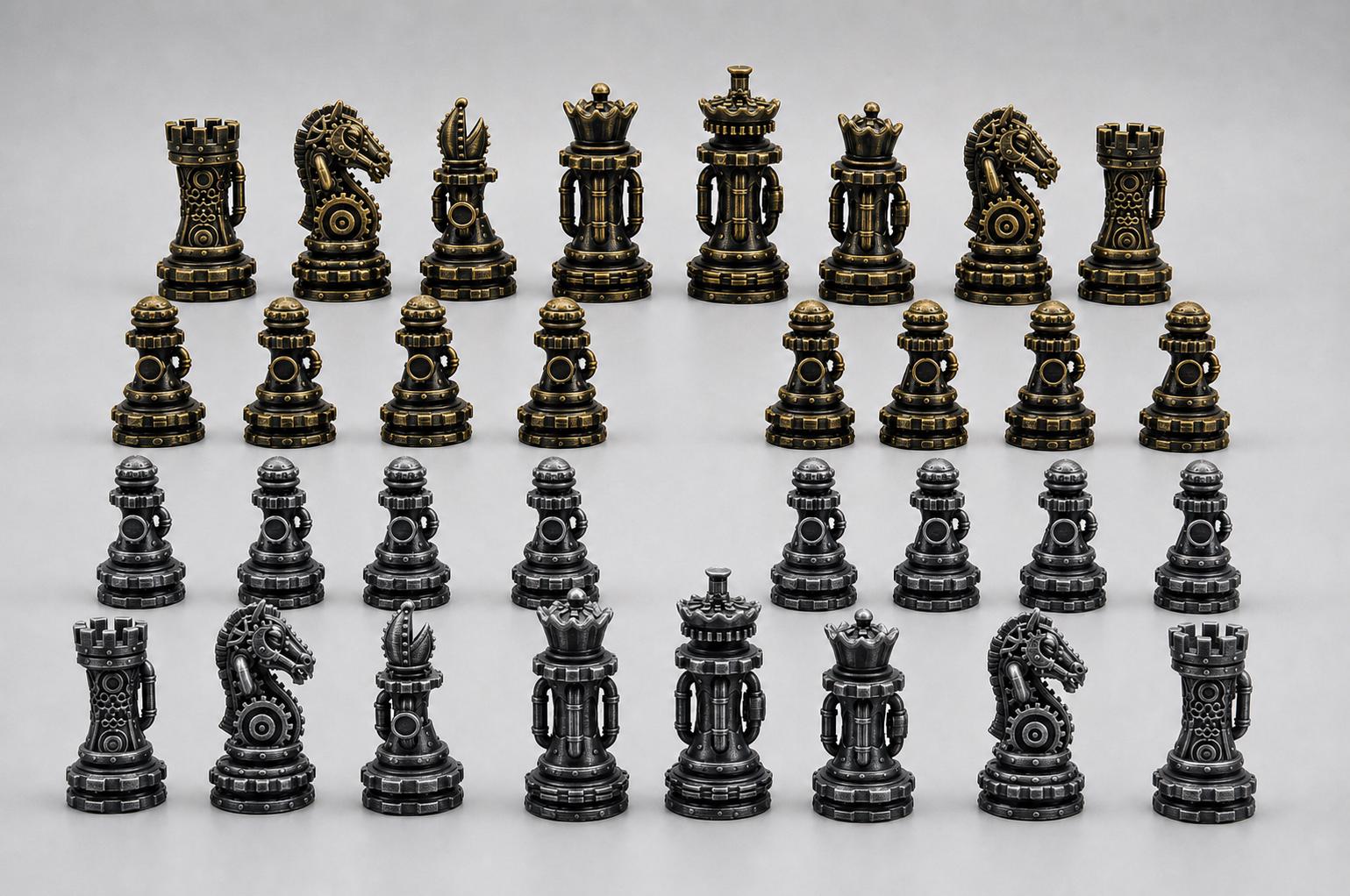 Steampunk-Staunton-Schachfigurenset – komplettes 32-teiliges, 3D-gedrucktes PLA-Schachset | Geschenk für Schachfans | Made in Germany FehnFactory