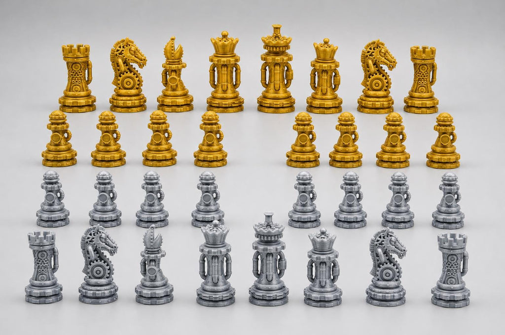 Steampunk-Staunton-Schachfigurenset – komplettes 32-teiliges, 3D-gedrucktes PLA-Schachset | Geschenk für Schachfans | Made in Germany FehnFactory