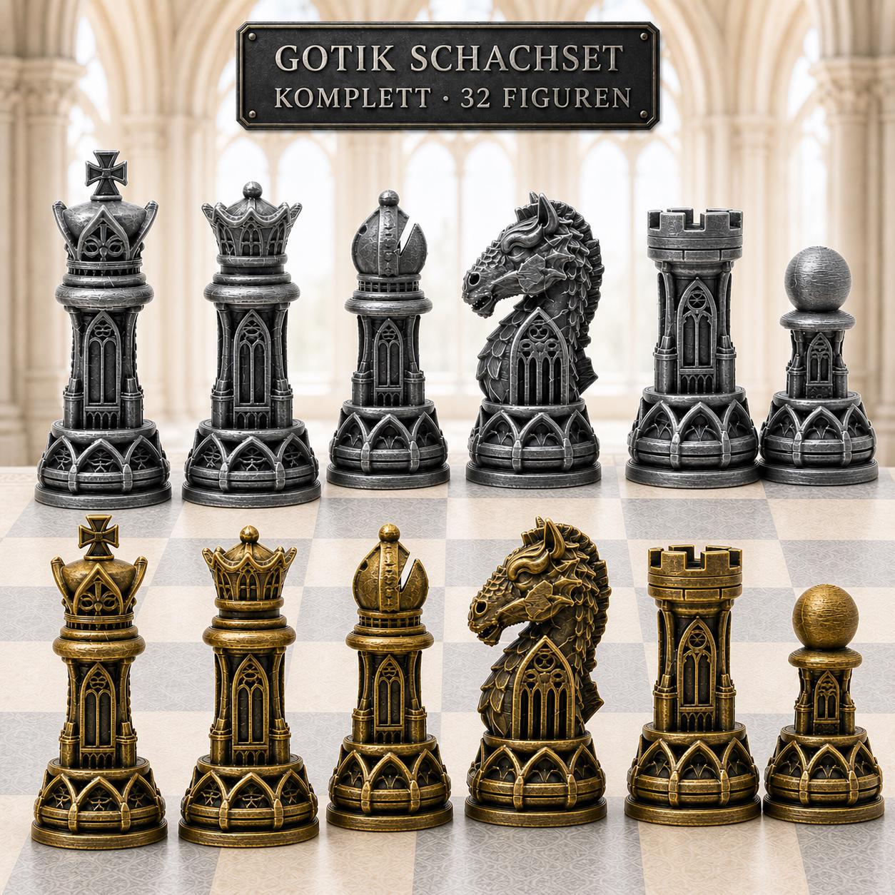 Gothic-Staunton-Schachfigurenset – komplettes 32-teiliges, 3D-gedrucktes PLA-Schachset | Geschenk für Schachfans | Made in Germany FehnFactory