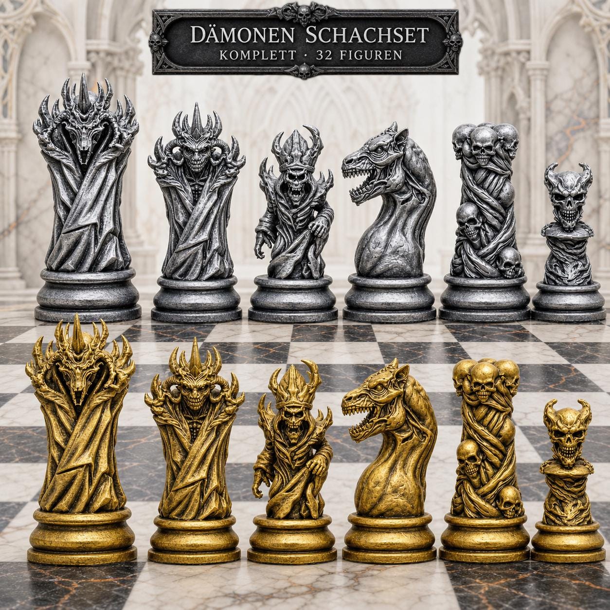 Dämonen-Schachfigurenset – komplettes 32-teiliges, 3D-gedrucktes PLA-Schachset | Geschenk für Schachfans | Sammlerstück | Made in Germany FehnFactory
