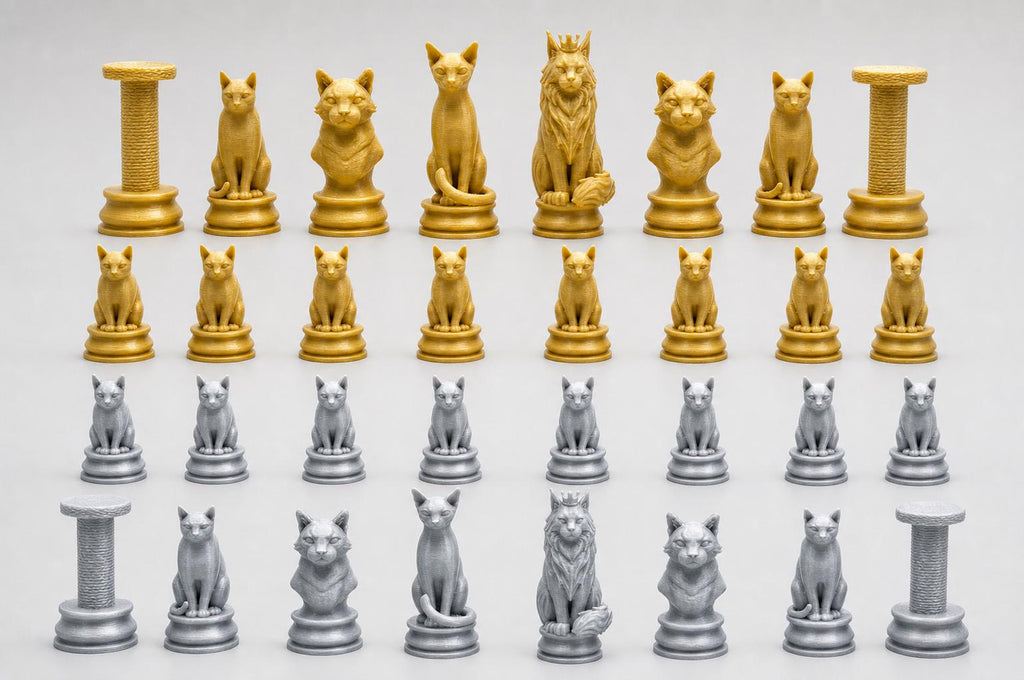 Katzen-Schachfigurenset – komplettes 32-teiliges, 3D-gedrucktes PLA-Schachset | Geschenk für Schachfans | Sammlerstück | Made in Germany FehnFactory