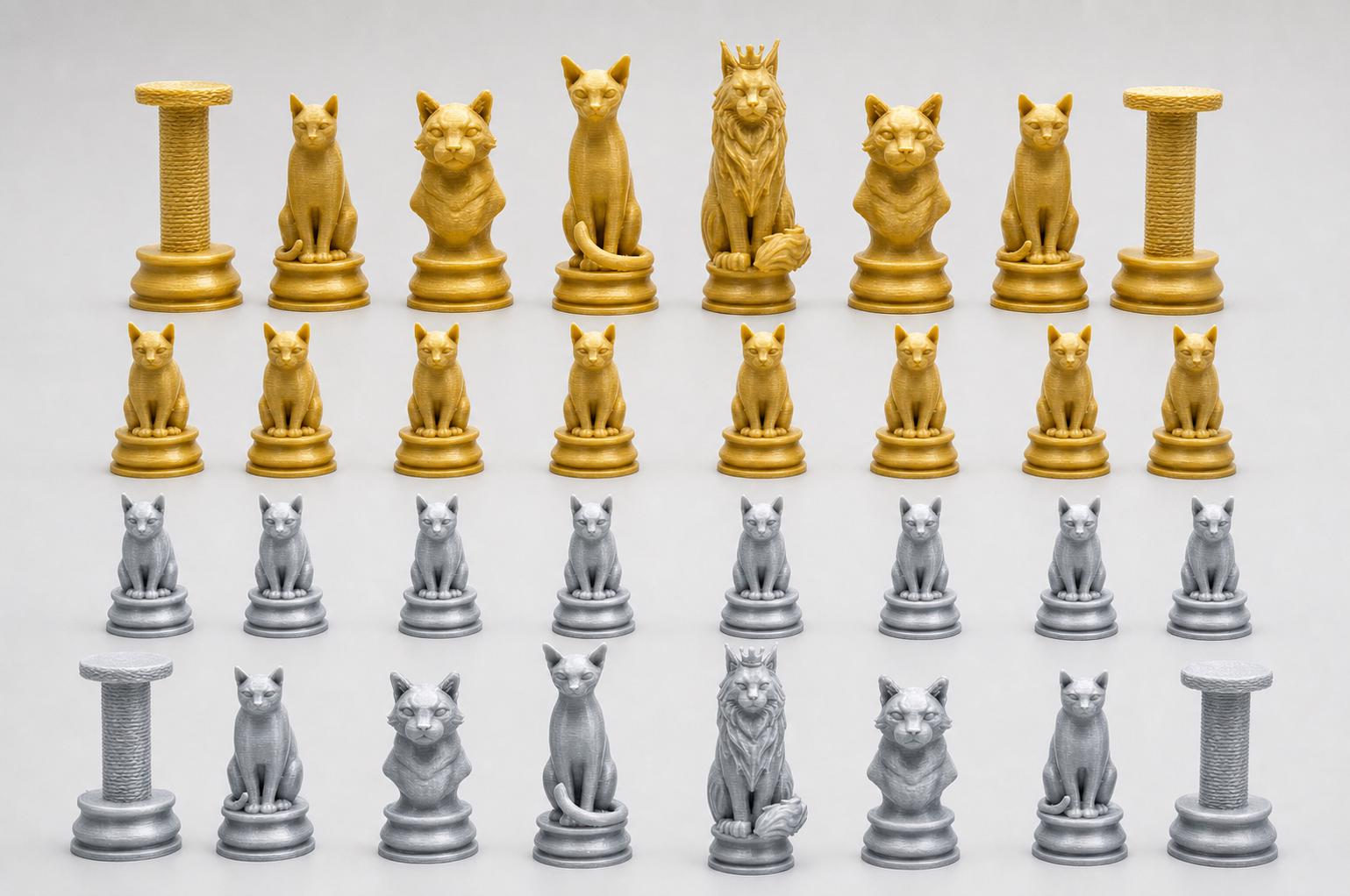 Katzen-Schachfigurenset – komplettes 32-teiliges, 3D-gedrucktes PLA-Schachset | Geschenk für Schachfans | Sammlerstück | Made in Germany FehnFactory
