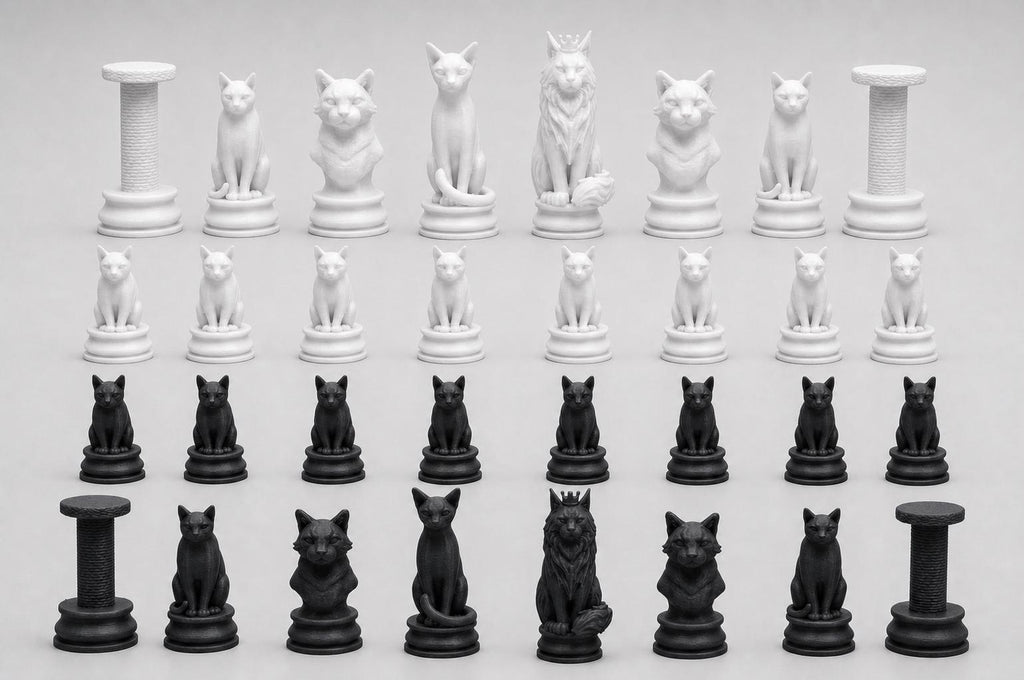 Katzen-Schachfigurenset – komplettes 32-teiliges, 3D-gedrucktes PLA-Schachset | Geschenk für Schachfans | Sammlerstück | Made in Germany FehnFactory