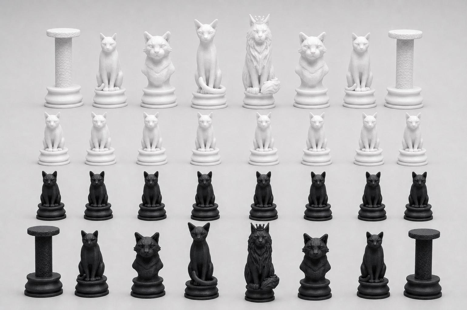 Katzen-Schachfigurenset – komplettes 32-teiliges, 3D-gedrucktes PLA-Schachset | Geschenk für Schachfans | Sammlerstück | Made in Germany FehnFactory